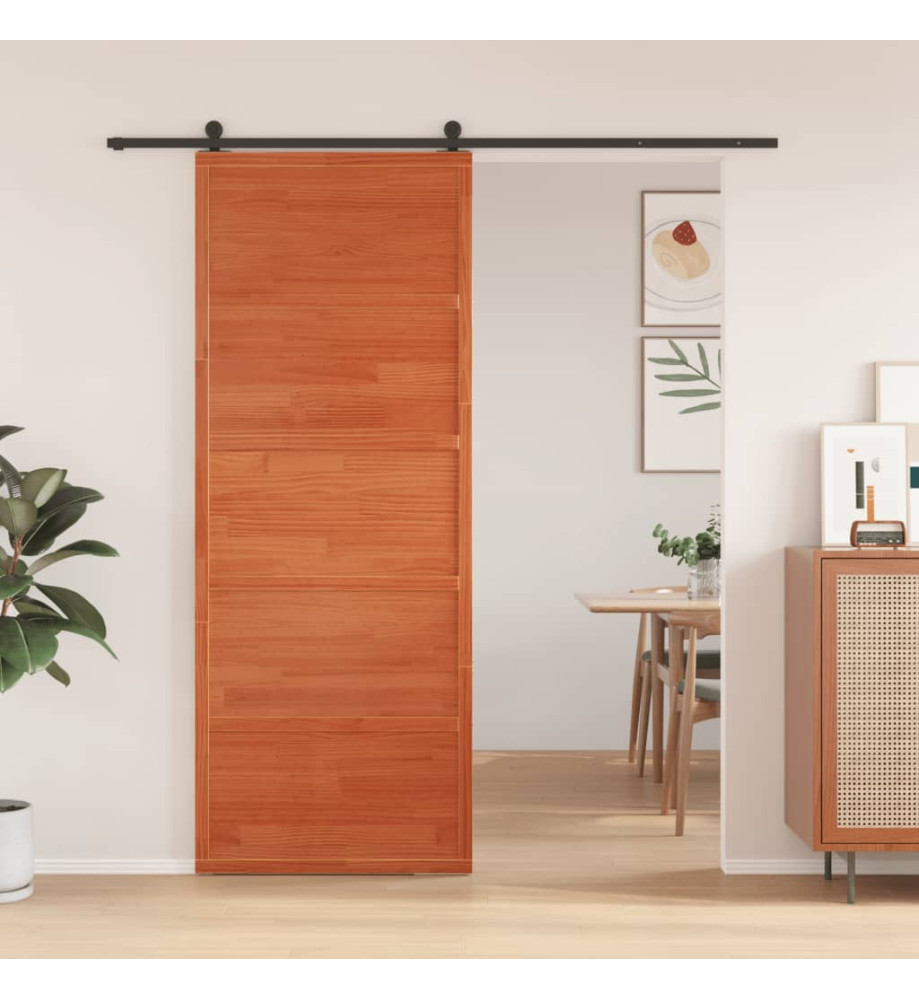 Porte de grange marron cire 80x208 cm bois massif de pin