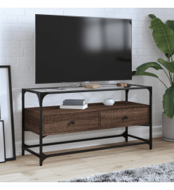 Meuble TV avec dessus en verre chêne marron bois d'ingénierie