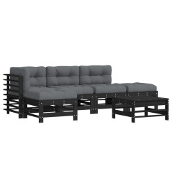 Salon de jardin 6 pcs avec coussins noir bois massif