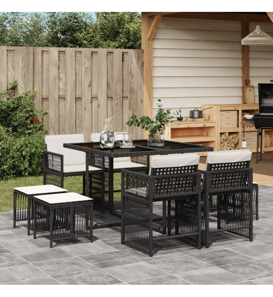 Ensemble à manger de jardin 9pcs coussins noir résine tressée Ensemble à manger de jardin 9pcs coussins noir résine tressée