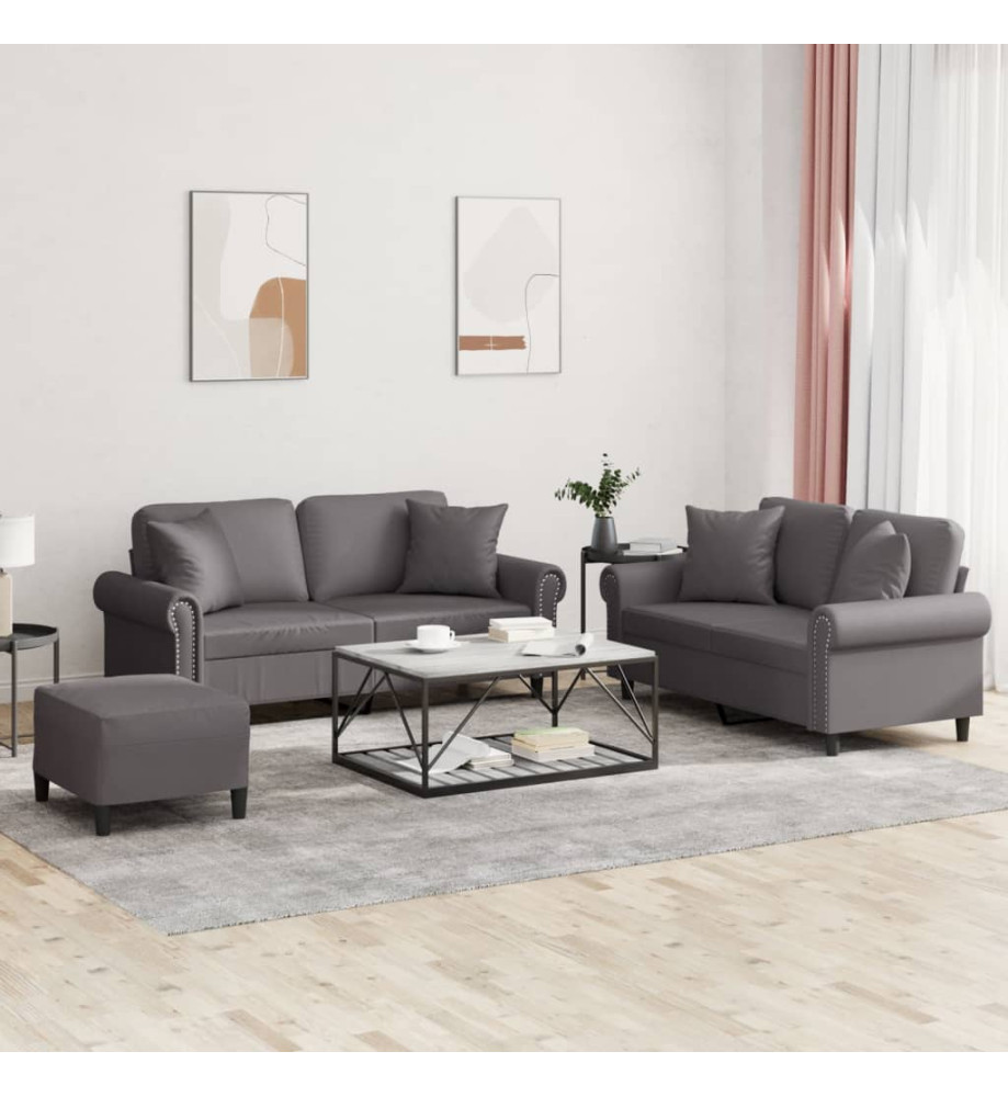 Ensemble de canapés 3 pcs avec coussins gris similicuir