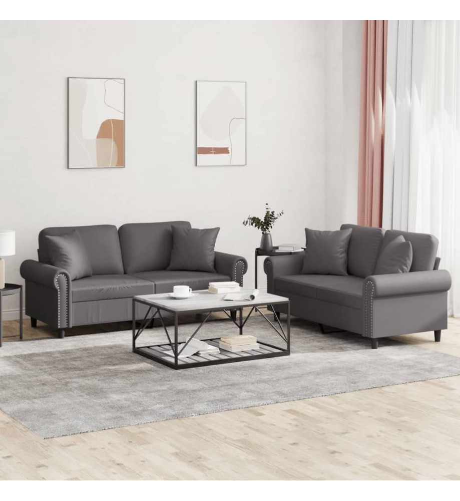 Ensemble de canapés 2 pcs avec coussins gris similicuir