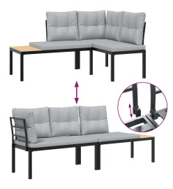 Salon de jardin avec coussins 6 pcs noir acier enduit de poudre