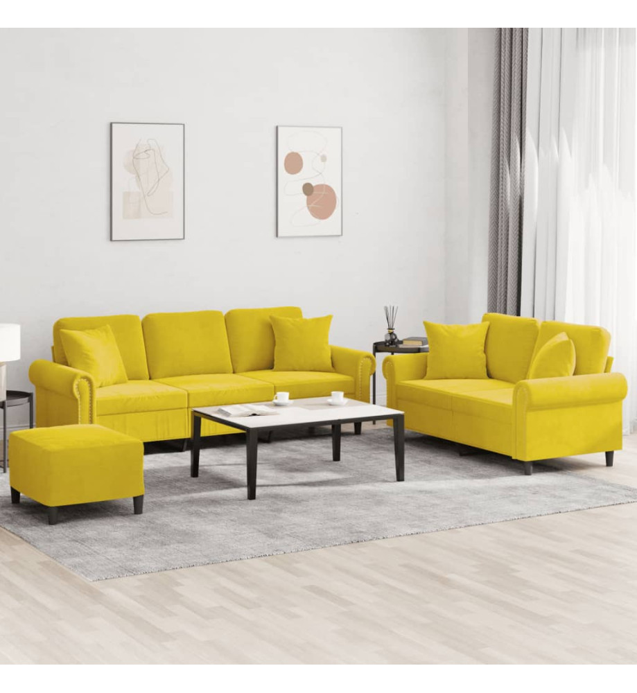 Ensemble de canapés 3 pcs avec coussins jaune velours