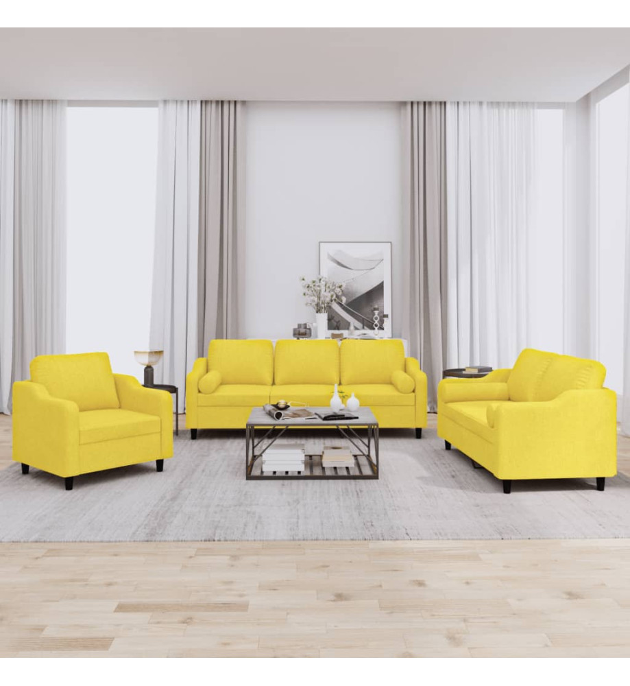 Ensemble de canapés 3 pcs avec coussins jaune clair tissu