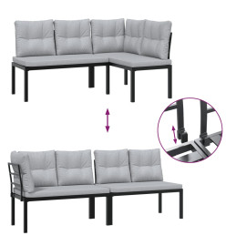 Salon de jardin avec coussins 4 pcs noir acier enduit de poudre