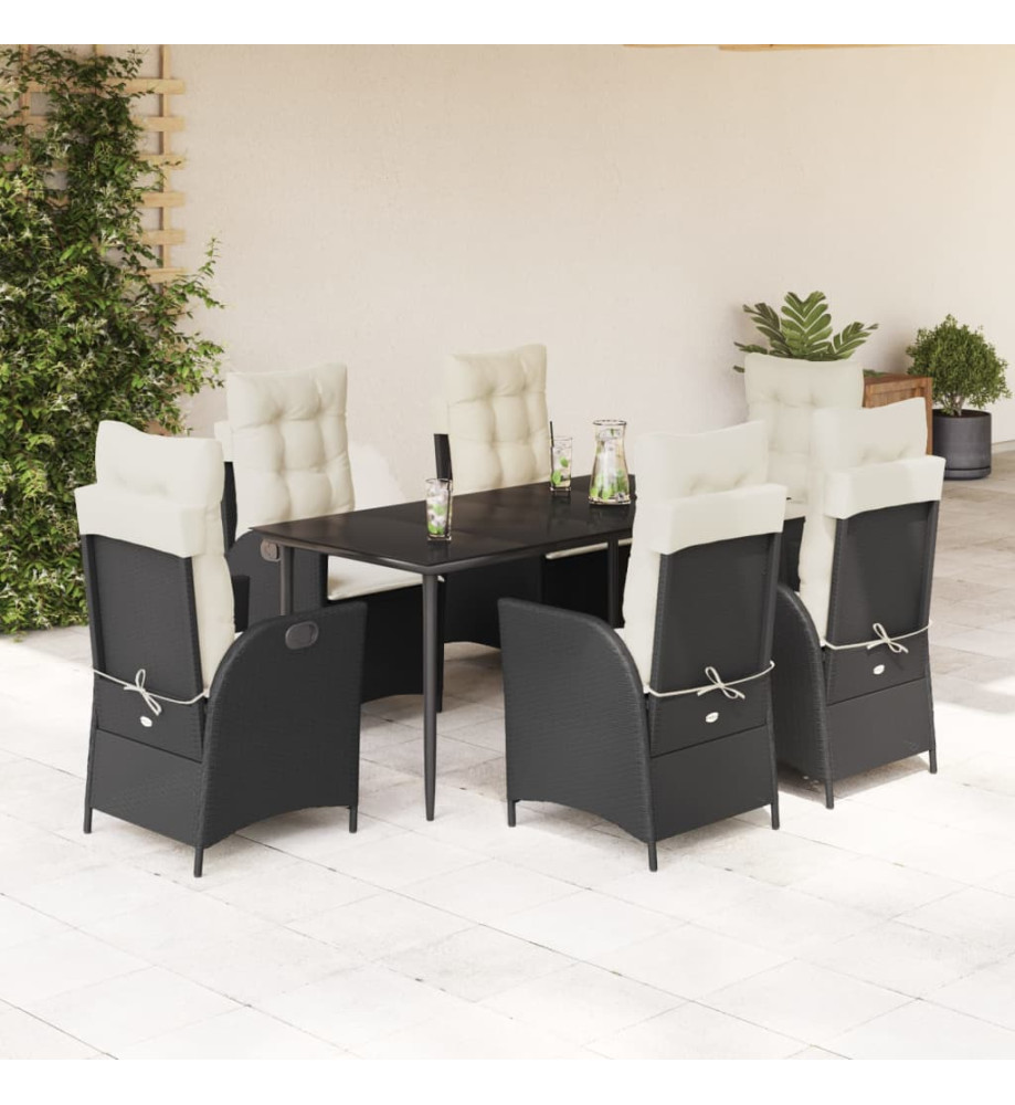 Ensemble à manger de jardin coussins 7pcs Noir Résine tressée