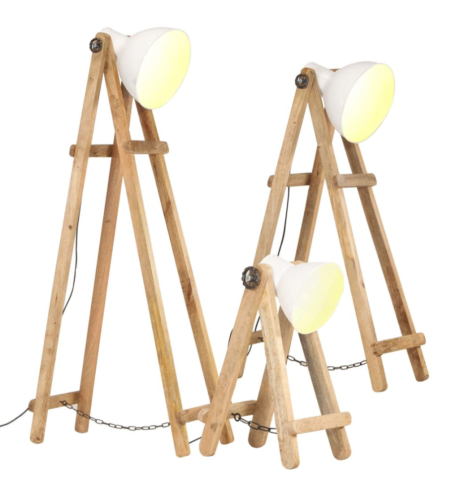 Lampadaires 3 pcs Blanc E27 Bois de manguier massif