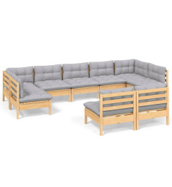 Salon de jardin 9 pcs avec coussins gris Bois de pin solide