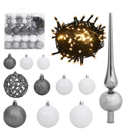 Set de boules de Noël avec pic et 300 LED 120pcs Blanc et gris