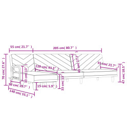 Canapé-lit en forme de L noir 260x140x70 cm tissu