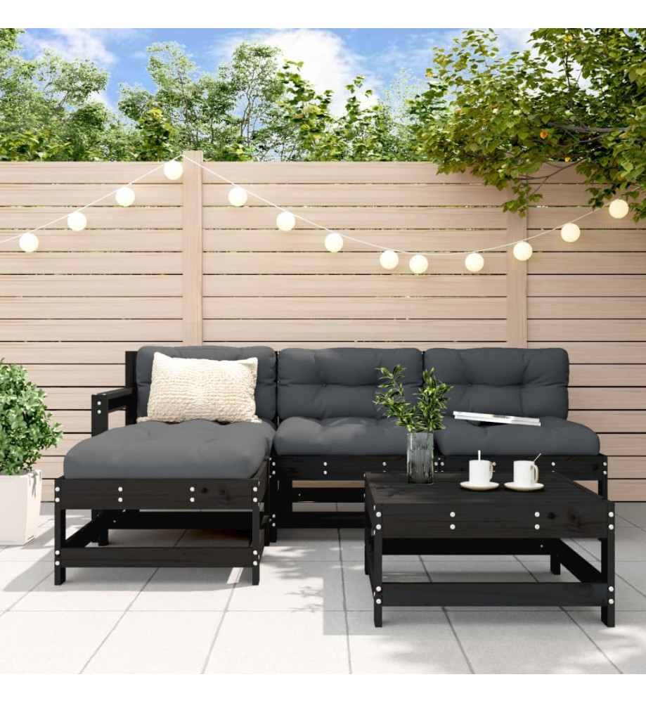 Salon de jardin 5 pcs avec coussins noir bois massif