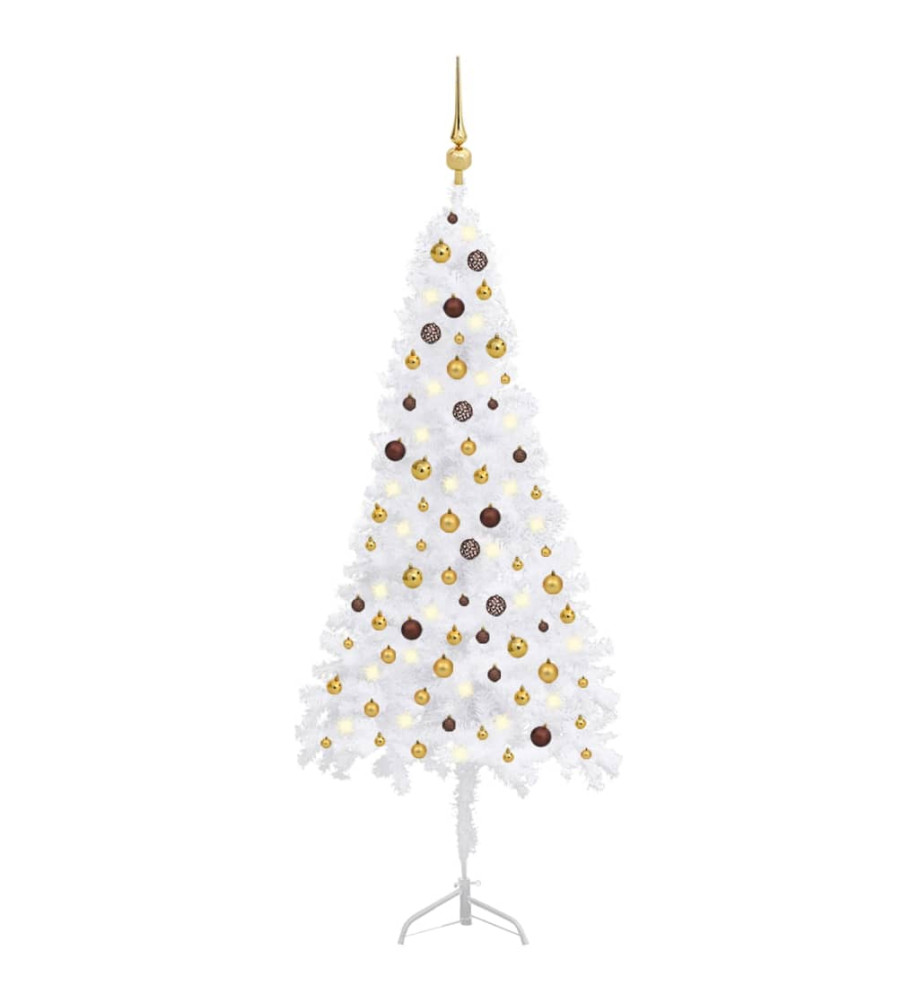 Arbre de Noël artificiel d'angle LED et boules Blanc 210 cm PVC