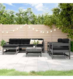 Salon de jardin 7 pcs avec coussins gris bois massif