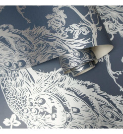 DUTCH WALLCOVERINGS Papier peint Paon Bleu marine et argenté