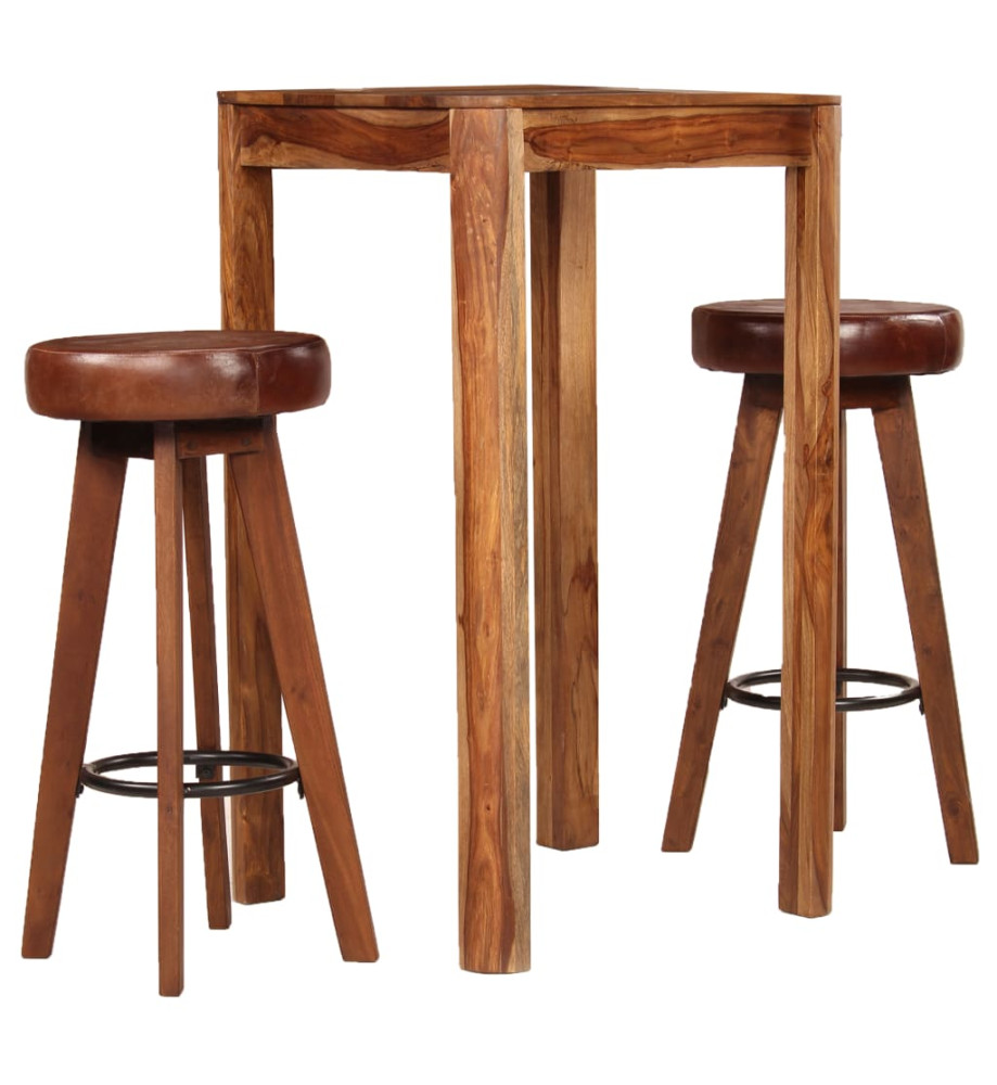 Ensemble de bar 3 pcs Bois de Sesham massif et cuir véritable