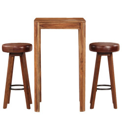 Ensemble de bar 3 pcs Bois de Sesham massif et cuir véritable