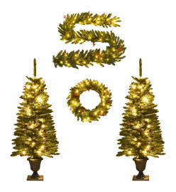 Arbres de Noël artificiels 2 pcs et couronne, guirlande et LED