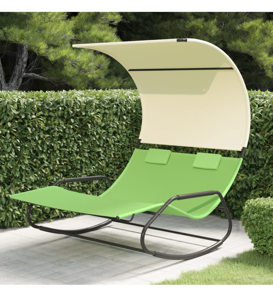 Chaise longue double à bascule avec auvent Vert et crème