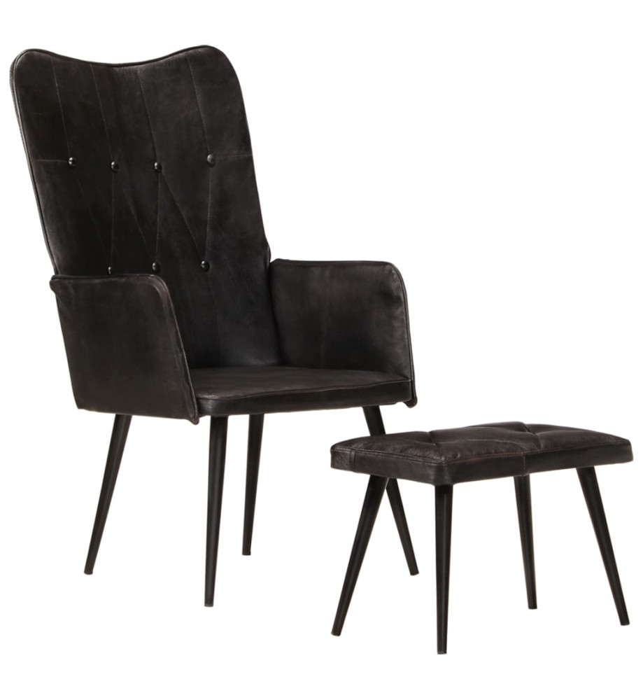 Chaise à oreilles avec repose-pied Noir Cuir véritable