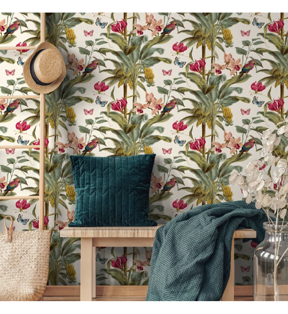 DUTCH WALLCOVERINGS Papier peint Palmier tropical Vert et rose