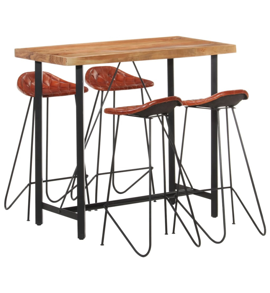 Ensemble de bar 5 pcs Bois solide et cuir véritable