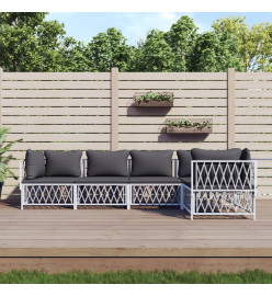 Salon de jardin avec coussins 5 pcs blanc acier