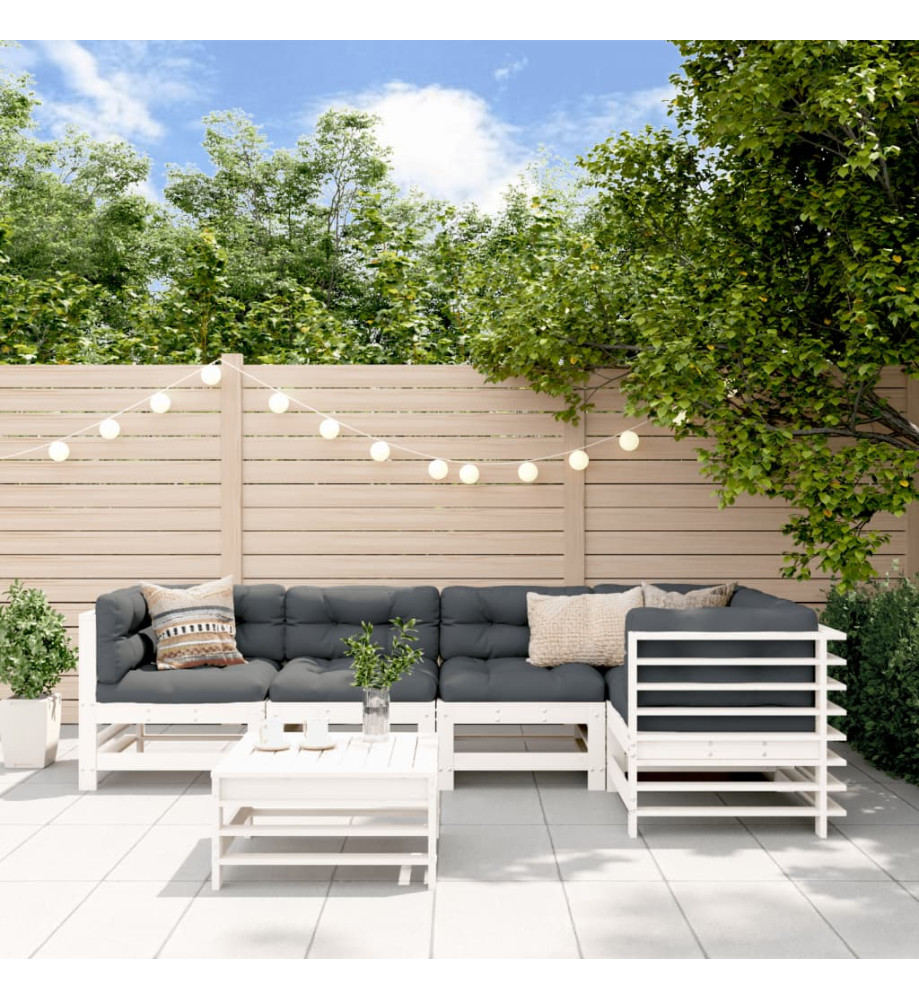 Salon de jardin 6 pcs avec coussins blanc bois massif