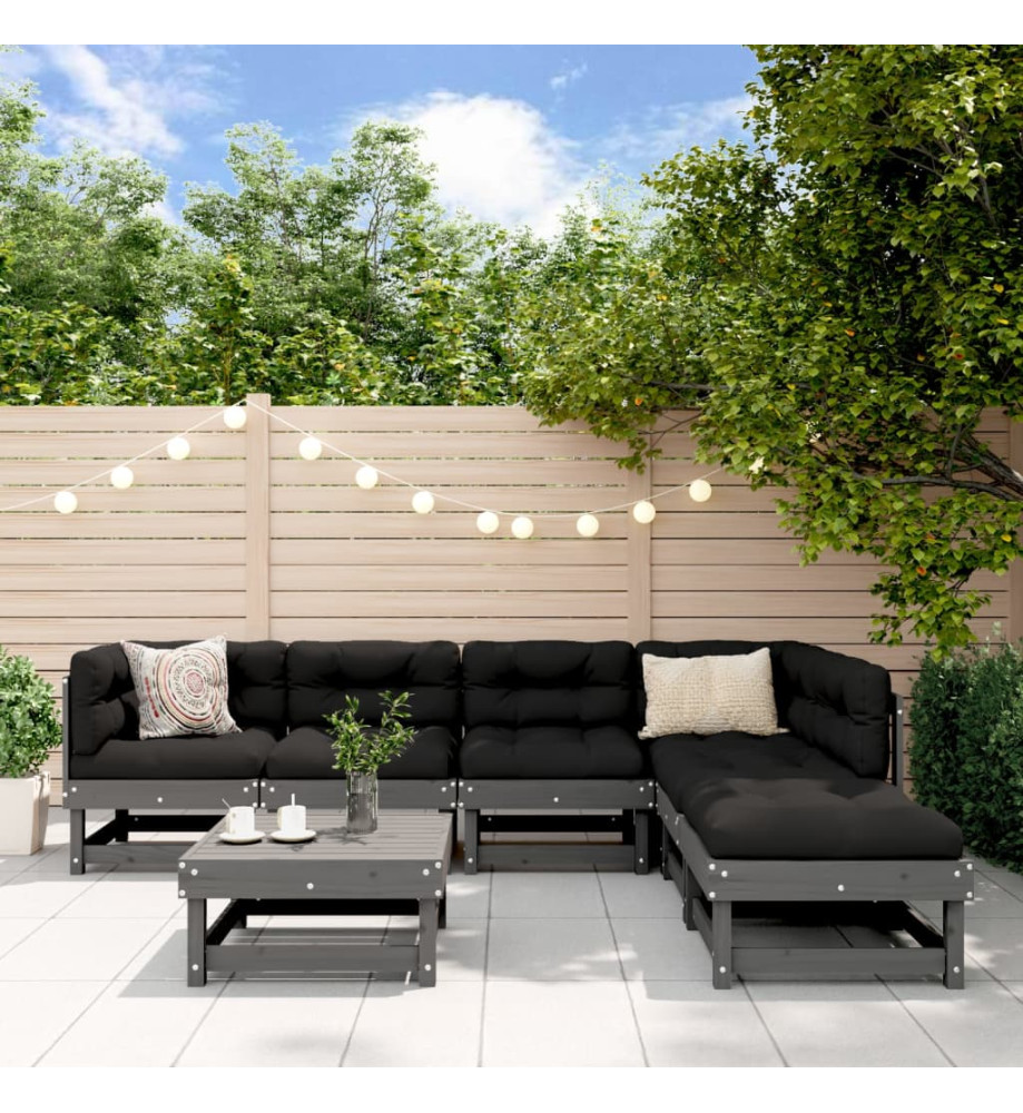 Salon de jardin 7 pcs avec coussins gris bois massif