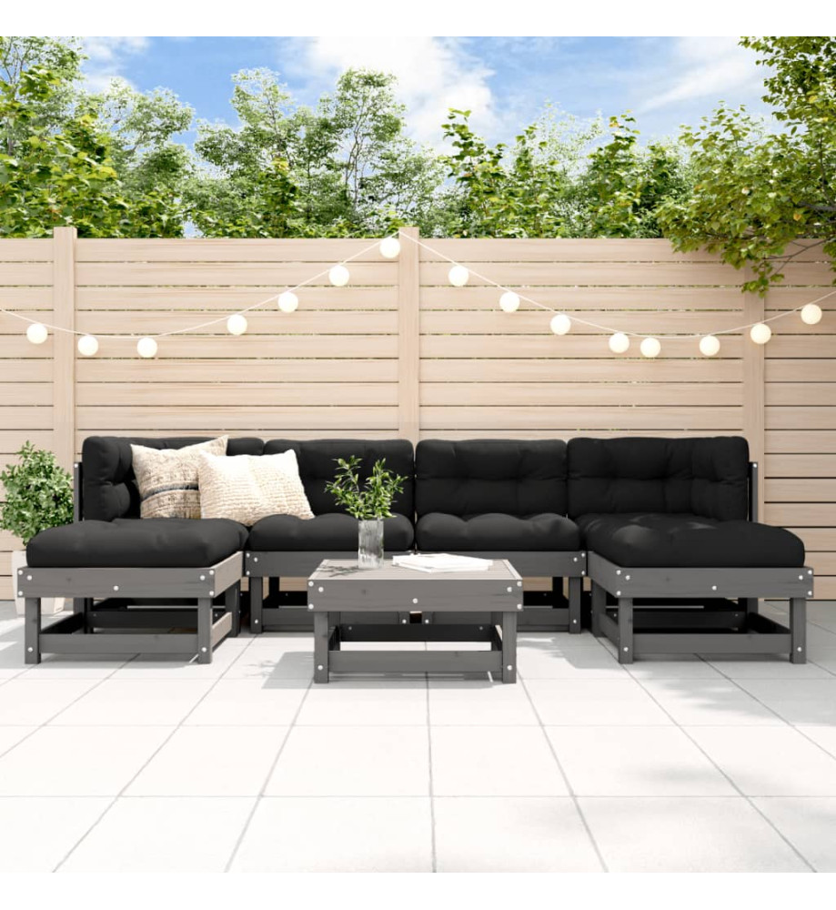 Salon de jardin 7 pcs avec coussins gris bois massif