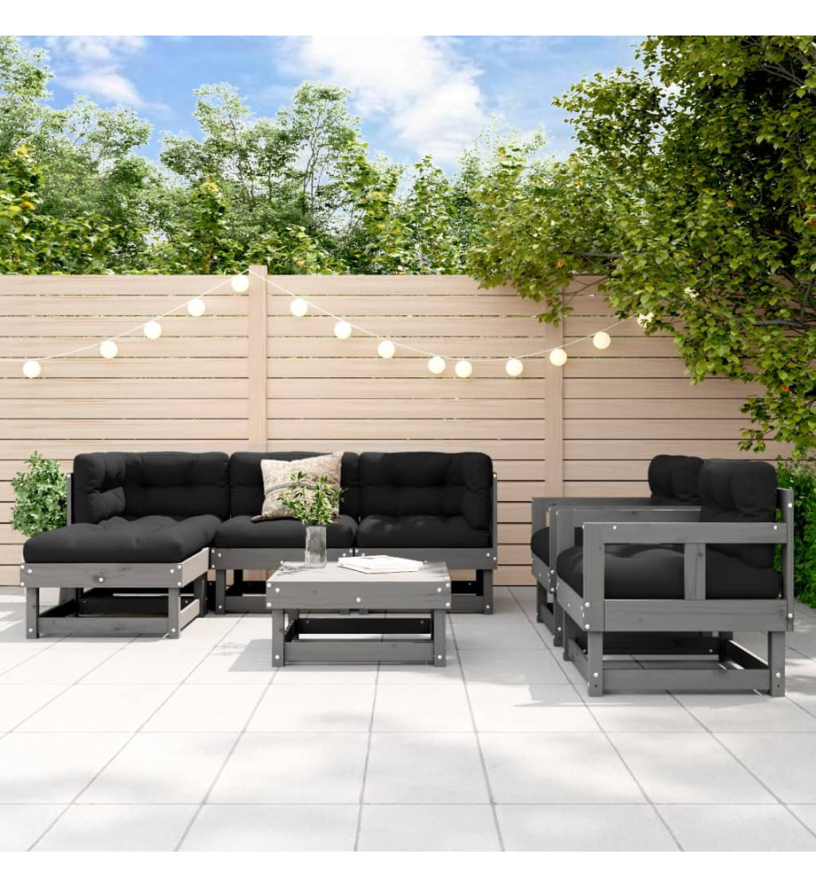 Salon de jardin 7 pcs avec coussins gris bois massif