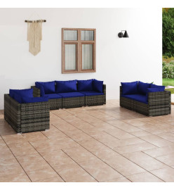 Salon de jardin 7 pcs avec coussins résine tressée gris