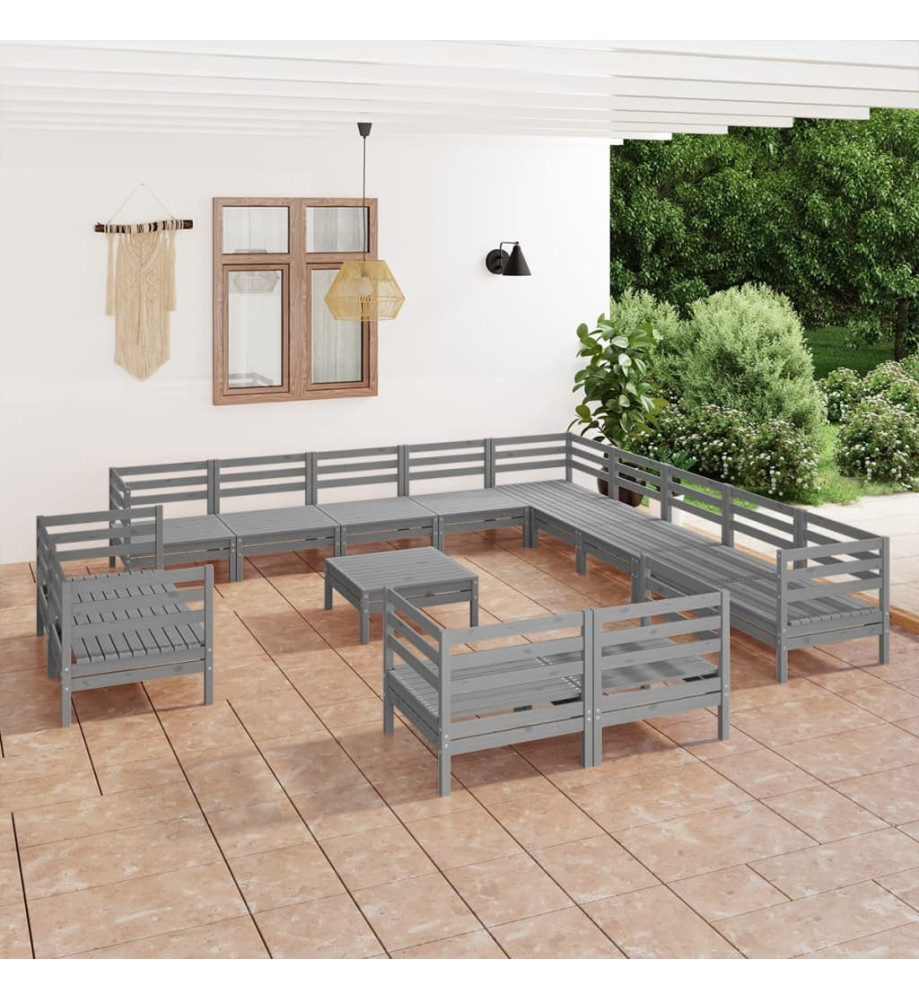 Salon de jardin 14 pcs Bois de pin massif Gris