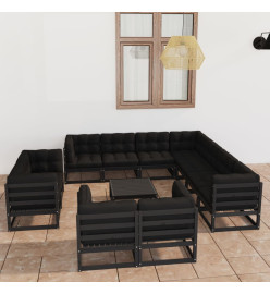 Salon de jardin 12 pcs avec coussins Noir Bois de pin massif