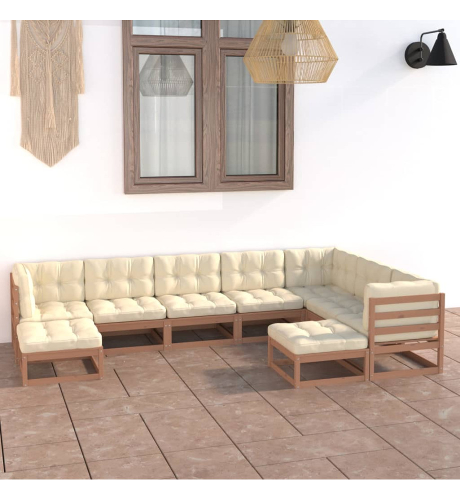 Salon de jardin 9 pcs avec coussins Marron miel Bois de pin