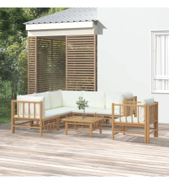 Salon de jardin 7 pcs avec coussins blanc crème bambou