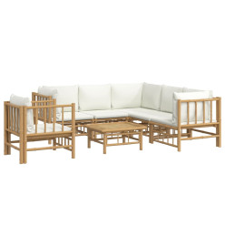Salon de jardin 7 pcs avec coussins blanc crème bambou
