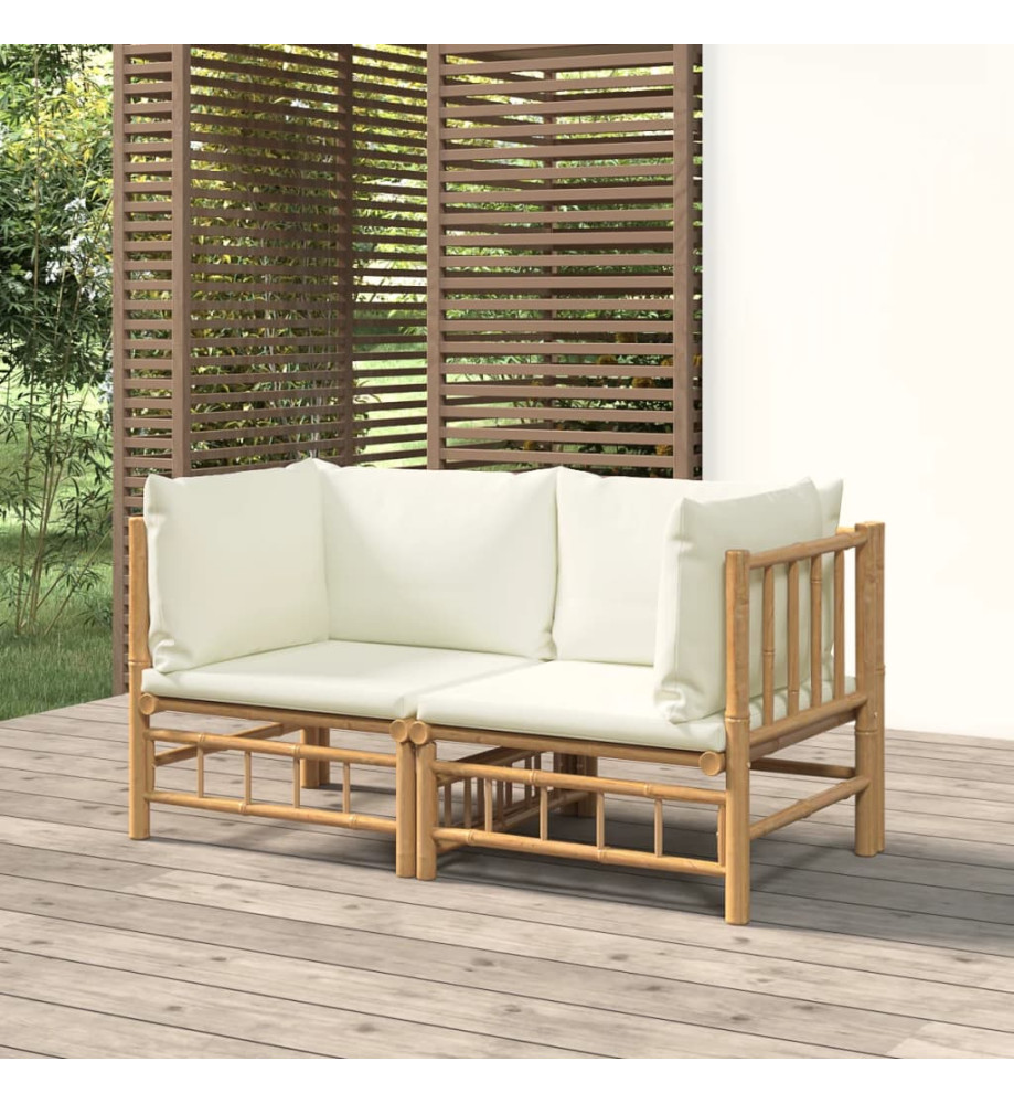 Canapés d'angle de jardin avec coussins blanc crème 2pcs bambou Canapés d'angle de jardin avec coussins blanc crème 2pcs bambou