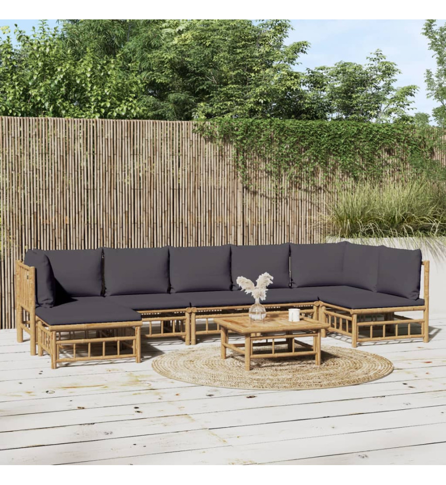 Salon de jardin 8 pcs avec coussins gris foncé bambou Salon de jardin 8 pcs avec coussins gris foncé bambou