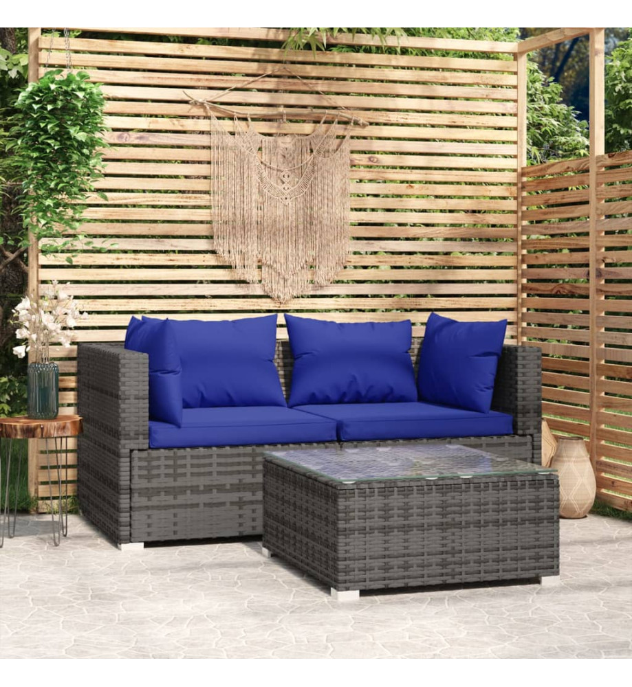 Salon de jardin 3 pcs avec coussins Gris Résine tressée