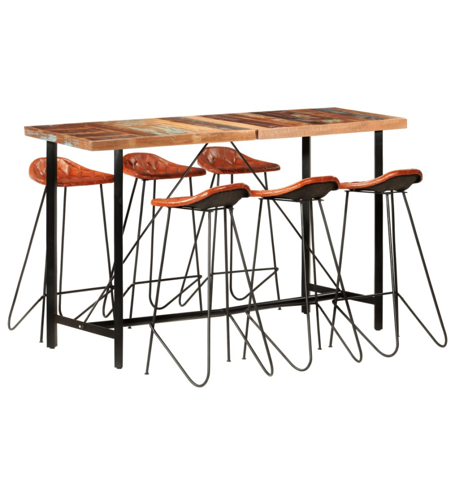 Ensemble de bar 7 pcs Bois de récupération et cuir véritable