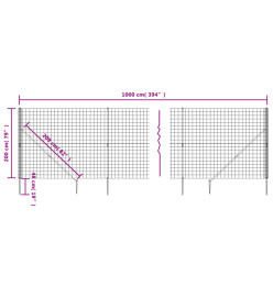 Clôture en treillis métallique et ancrage anthracite 2x10 m