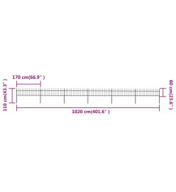 Clôture de jardin avec dessus en lance Acier 10,2 x 0,6 m Noir