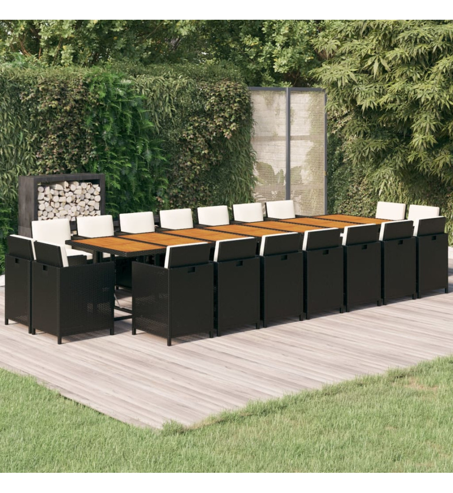 Ensemble à dîner de jardin coussins 19 pcs Noir Résine tressée