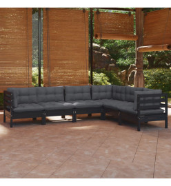 Salon de jardin 6 pcs avec coussins Noir Bois de pin solide