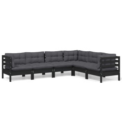 Salon de jardin 6 pcs avec coussins Noir Bois de pin solide