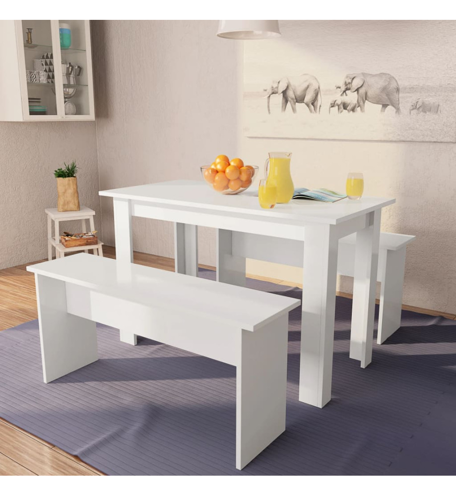 Table de salle à manger et bancs 3 pcs Bois d'ingénierie Blanc