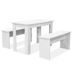 Table de salle à manger et bancs 3 pcs Bois d'ingénierie Blanc