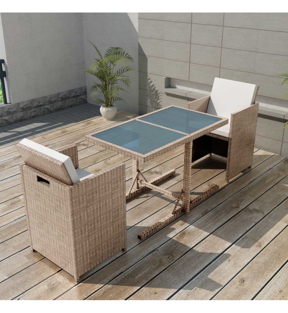 Salon de jardin encastrable 3 pcs avec coussins Rotin Beige