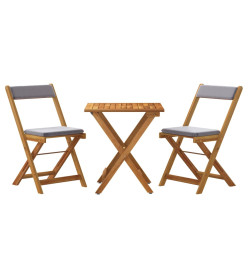 Ensemble de bistro pliable 3 pcs avec coussins Acacia solide